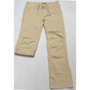 PRANA Halle Straight Leg Hiking Pants Women 14 Tall Khaki Roll-Tab Stretch Zion